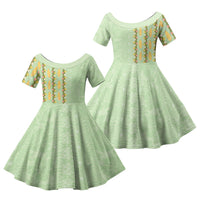 Hawaii Shell Tiare Anthurium Heliconia Lei Family Matching Off Shoulder Maxi Dress and Hawaiian Shirt With Tapa Pattern Baby Green LT05 Daughter's Dress Green - Polynesian Pride