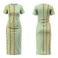 Hawaii Shell Tiare Anthurium Heliconia Lei Family Matching Short Sleeve Bodycon Dress and Hawaiian Shirt With Tapa Pattern Baby Green LT05 Mom's Dress Green - Polynesian Pride
