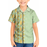 Hawaii Shell Tiare Anthurium Heliconia Lei Kid Hawaiian Shirt With Tapa Pattern Baby Green LT05 Kid Green - Polynesian Pride