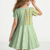 Hawaii Shell Tiare Anthurium Heliconia Lei Kid Short Sleeve Dress With Tapa Pattern Baby Green LT05 - Polynesian Pride