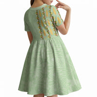 Hawaii Shell Tiare Anthurium Heliconia Lei Kid Short Sleeve Dress With Tapa Pattern Baby Green LT05 - Polynesian Pride
