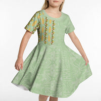 Hawaii Shell Tiare Anthurium Heliconia Lei Kid Short Sleeve Dress With Tapa Pattern Baby Green LT05 - Polynesian Pride