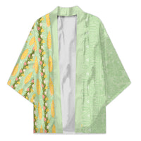 Hawaii Shell Tiare Anthurium Heliconia Lei Kimono With Tapa Pattern Baby Green