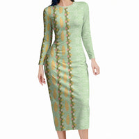 Hawaii Shell Tiare Anthurium Heliconia Lei Long Sleeve Bodycon Dress With Tapa Pattern Baby Green LT05 Long Dress Green - Polynesian Pride