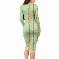 Hawaii Shell Tiare Anthurium Heliconia Lei Long Sleeve Bodycon Dress With Tapa Pattern Baby Green LT05 - Polynesian Pride
