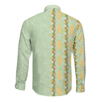 Hawaii Shell Tiare Anthurium Heliconia Lei Long Sleeve Button Shirt With Tapa Pattern Baby Green LT05 - Polynesian Pride