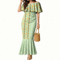 Hawaii Shell Tiare Anthurium Heliconia Lei Mermaid Dress With Tapa Pattern Baby Green LT05 Women Green - Polynesian Pride