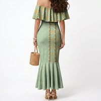 Hawaii Shell Tiare Anthurium Heliconia Lei Mermaid Dress With Tapa Pattern Baby Green LT05 - Polynesian Pride