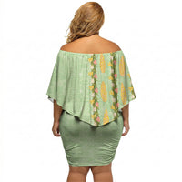 Hawaii Shell Tiare Anthurium Heliconia Lei Off Shoulder Short Dress With Tapa Pattern Baby Green LT05 - Polynesian Pride