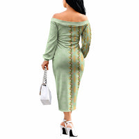 Hawaii Shell Tiare Anthurium Heliconia Lei Off The Shoulder Long Sleeve Dress With Tapa Pattern Baby Green LT05 - Polynesian Pride