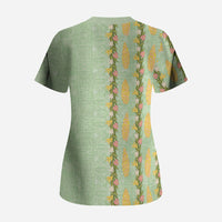 Hawaii Shell Tiare Anthurium Heliconia Lei Scrub Top With Tapa Pattern Baby Green