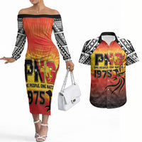 Papua New Guinea Independence Day Couples Matching Off The Shoulder Long Sleeve Dress and Hawaiian Shirt One People One Nation One PNG LT05 Yellow - Polynesian Pride