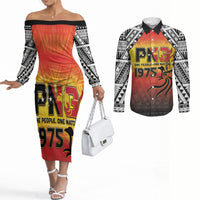 Papua New Guinea Independence Day Couples Matching Off The Shoulder Long Sleeve Dress and Long Sleeve Button Shirt One People One Nation One PNG LT05 Yellow - Polynesian Pride