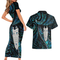 New Zealand Aotearoa Couples Matching Short Sleeve Bodycon Dress and Hawaiian Shirt Maori Tane Te Waiora Paua Shell Glitter Turquoise
