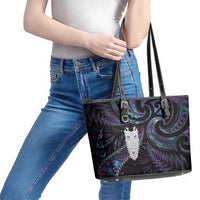 New Zealand Aotearoa Leather Tote Bag Maori Tane Te Waiora Paua Shell Glitter Purple