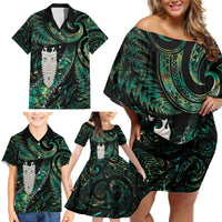 New Zealand Aotearoa Family Matching Off Shoulder Short Dress and Hawaiian Shirt Maori Tane Te Waiora Paua Shell Glitter Green