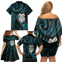 New Zealand Aotearoa Family Matching Off Shoulder Short Dress and Hawaiian Shirt Maori Wheku Paua Shell Glitter Turquoise