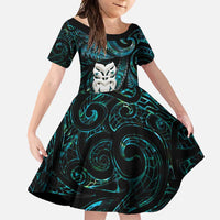 New Zealand Aotearoa Family Matching Tank Maxi Dress and Hawaiian Shirt Maori Wheku Paua Shell Glitter Turquoise LT05 Daughter's Dress Turquoise - Polynesian Pride