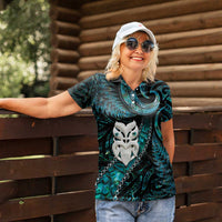 New Zealand Aotearoa Women Polo Shirt Maori Wheku Paua Shell Glitter Turquoise