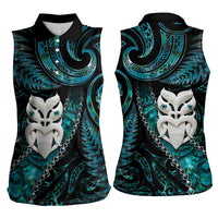New Zealand Aotearoa Women Sleeveless Polo Shirt Maori Wheku Paua Shell Glitter Turquoise