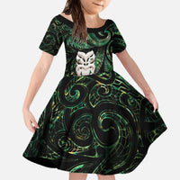 New Zealand Aotearoa Family Matching Off The Shoulder Long Sleeve Dress and Hawaiian Shirt Maori Wheku Paua Shell Glitter Green LT05 Daughter's Dress Green - Polynesian Pride