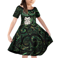 New Zealand Aotearoa Family Matching Off Shoulder Short Dress and Hawaiian Shirt Maori Wheku Paua Shell Glitter Green
