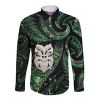 New Zealand Aotearoa Long Sleeve Button Shirt Maori Wheku Paua Shell Glitter Green LT05 Unisex Green - Polynesian Pride