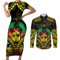 Aloha Tropical Palm Trees Couples Matching Short Sleeve Bodycon Dress and Long Sleeve Button Shirt Reggae Polynesian Pattern