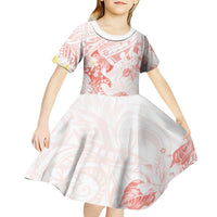 Polynesia Hammerhead Shark Kid Short Sleeve Dress Tropical Flowers Tribal Pattern Peach