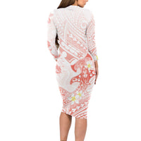 Polynesia Hammerhead Shark Long Sleeve Bodycon Dress Tropical Flowers Tribal Pattern Peach