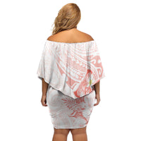 Polynesia Hammerhead Shark Off Shoulder Short Dress Tropical Flowers Tribal Pattern Peach