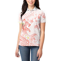 Polynesia Hammerhead Shark Women Polo Shirt Tropical Flowers Tribal Pattern Peach