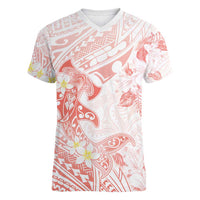 Polynesia Hammerhead Shark Women V-Neck T-Shirt Tropical Flowers Tribal Pattern Peach