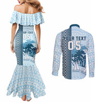 Custom Fiji Regatta Couples Matching Mermaid Dress and Long Sleeve Button Shirt Palm Tree Tapa Pattern - Polynesian Pride