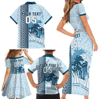 Custom Fiji Regatta Family Matching Short Sleeve Bodycon Dress and Hawaiian Shirt Palm Tree Tapa Pattern - Polynesian Pride