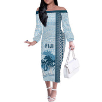Custom Fiji Regatta Off The Shoulder Long Sleeve Dress Palm Tree Tapa Pattern LT05 Women Blue - Polynesian Pride
