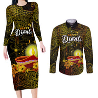 happy-diwali-festival-couples-matching-long-sleeve-bodycon-dress-and-long-sleeve-button-shirts-diya-lamp-hibiscus-polynesian-pattern