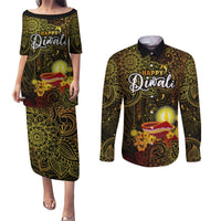 Happy Diwali Festival Couples Matching Puletasi Dress and Long Sleeve Button Shirts Diya Lamp Hibiscus Polynesian Pattern LT05 Yellow - Polynesian Pride