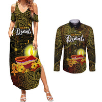 Happy Diwali Festival Couples Matching Summer Maxi Dress and Long Sleeve Button Shirts Diya Lamp Hibiscus Polynesian Pattern LT05 Yellow - Polynesian Pride