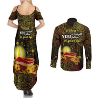 Happy Diwali Festival Couples Matching Summer Maxi Dress and Long Sleeve Button Shirts Diya Lamp Hibiscus Polynesian Pattern LT05 - Polynesian Pride