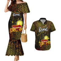 Personalized Happy Diwali Festival Couples Matching Mermaid Dress and Hawaiian Shirt Diya Lamp Hibiscus Polynesian Pattern LT05 Yellow - Polynesian Pride