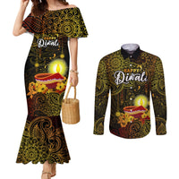 personalized-happy-diwali-festival-couples-matching-mermaid-dress-and-long-sleeve-button-shirts-diya-lamp-hibiscus-polynesian-pattern