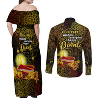 Personalized Happy Diwali Festival Couples Matching Off Shoulder Maxi Dress and Long Sleeve Button Shirts Diya Lamp Hibiscus Polynesian Pattern LT05 - Polynesian Pride