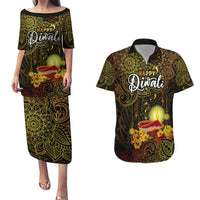 Personalized Happy Diwali Festival Couples Matching Puletasi Dress and Hawaiian Shirt Diya Lamp Hibiscus Polynesian Pattern LT05 Yellow - Polynesian Pride