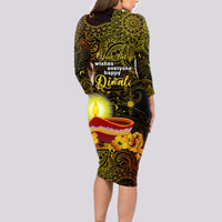 personalized-happy-diwali-festival-long-sleeve-bodycon-dress-diya-lamp-hibiscus-polynesian-pattern