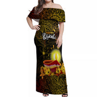 Personalized Happy Diwali Festival Off Shoulder Maxi Dress Diya Lamp Hibiscus Polynesian Pattern LT05 Women Yellow - Polynesian Pride