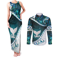 Aotearoa New Zealand Couples Matching Tank Maxi Dress and Long Sleeve Button Shirt Maori Wera Paua Shell Teal Glitter