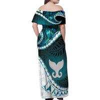 Aotearoa New Zealand Family Matching Off Shoulder Maxi Dress and Hawaiian Shirt Maori Wera Paua Shell Teal Glitter