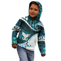 Aotearoa New Zealand Kid Hoodie Maori Wera Paua Shell Teal Glitter