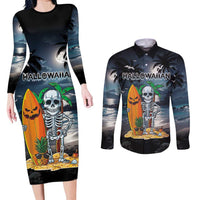 Personalised Hawaii Halloween Couples Matching Long Sleeve Bodycon Dress and Long Sleeve Button Shirt Hallowaiian Skeleton Surf